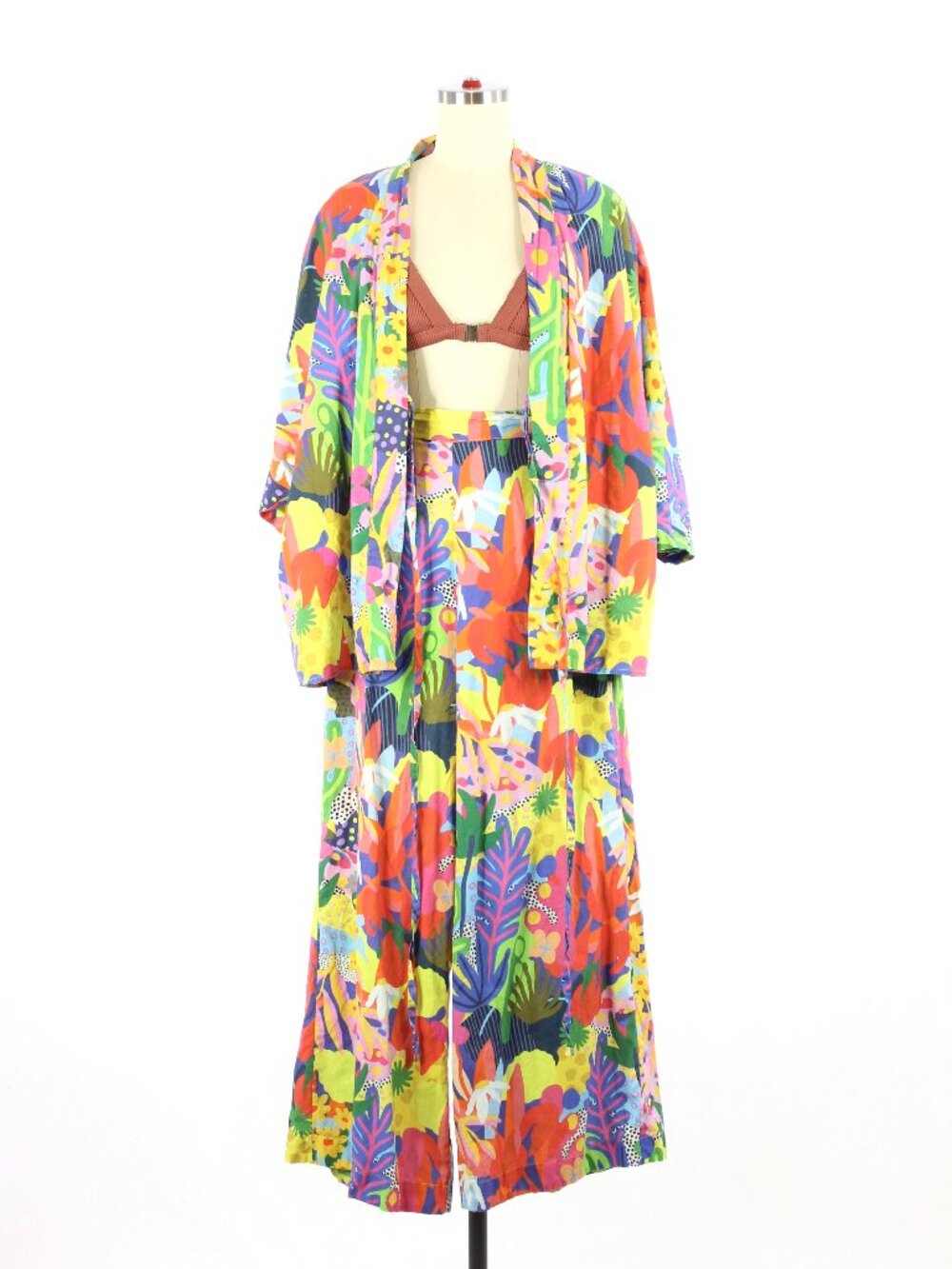 2pc THE WAY Tropical Floral Cotton Wrap Top Wide Leg Pant Set Cover-Up, Size 12